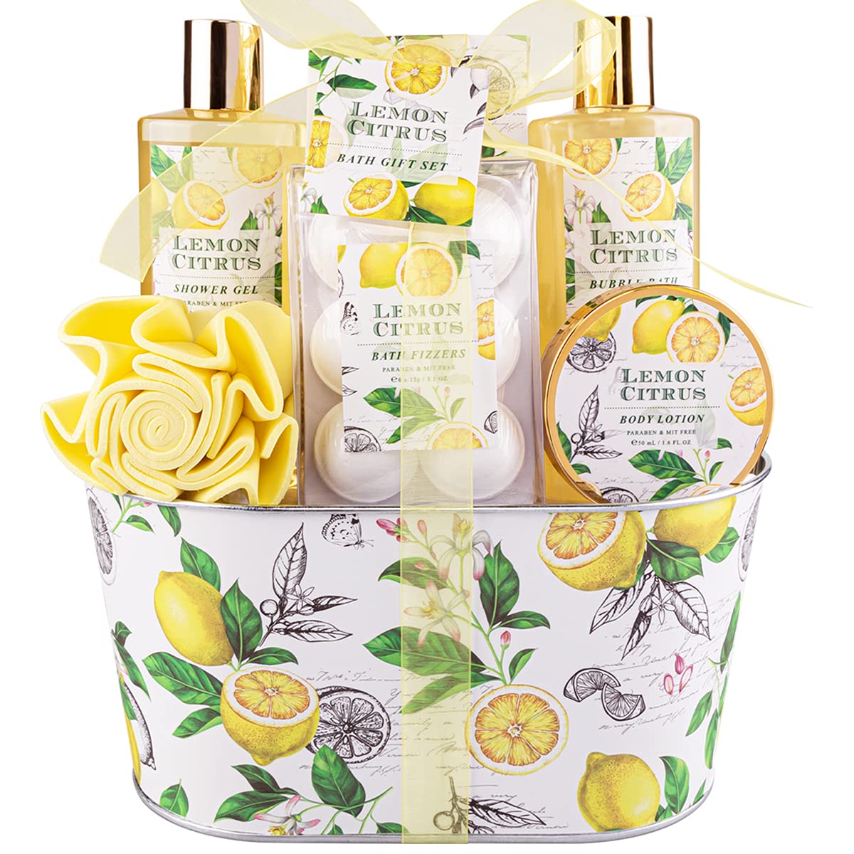 Bath & Shower Spa Gift Basket Set, with English Pear & Freesia Fragrance Bath Gift Basket for Women & Men Includes Body Lotion, Shower Gel, Bath Salts, Bubble Bath, Body Scrub and More, 9 Pcs