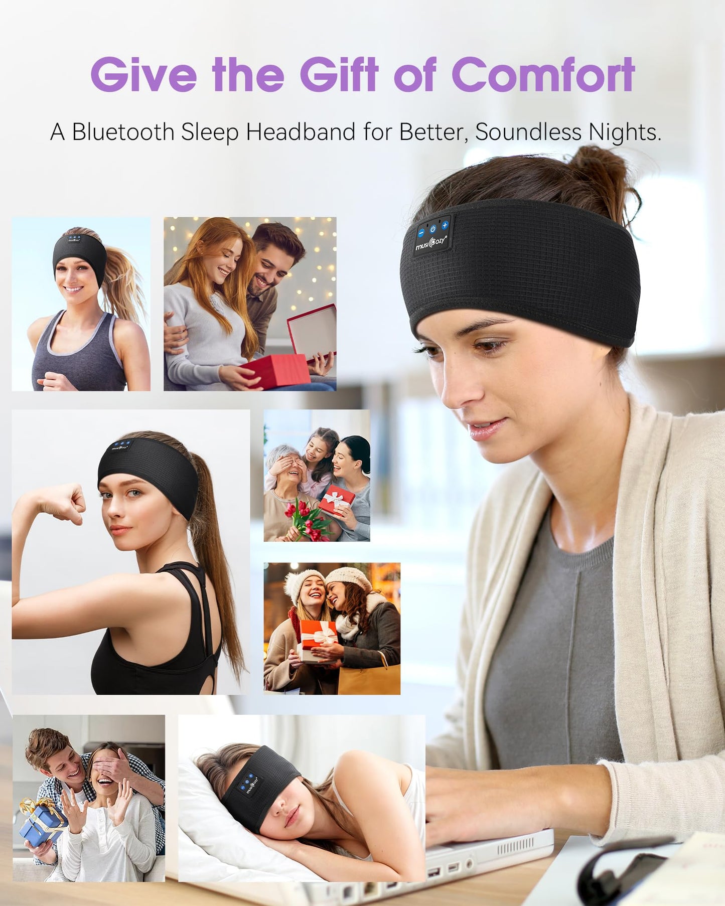 MUSICOZY Sleep Headphones Bluetooth 5.4 Headband, Sports Wireless Earphones Sweat Resistant Earbuds Sleeping Headphone with Ultra-Thin HD Stereo Speaker for Workout Running Cool Gadgets Unique Gifts