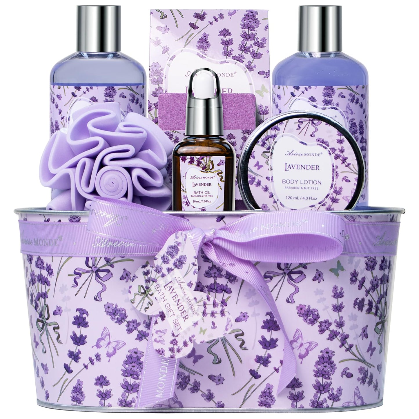 Bath & Shower Spa Gift Basket Set, with English Pear & Freesia Fragrance Bath Gift Basket for Women & Men Includes Body Lotion, Shower Gel, Bath Salts, Bubble Bath, Body Scrub and More, 9 Pcs