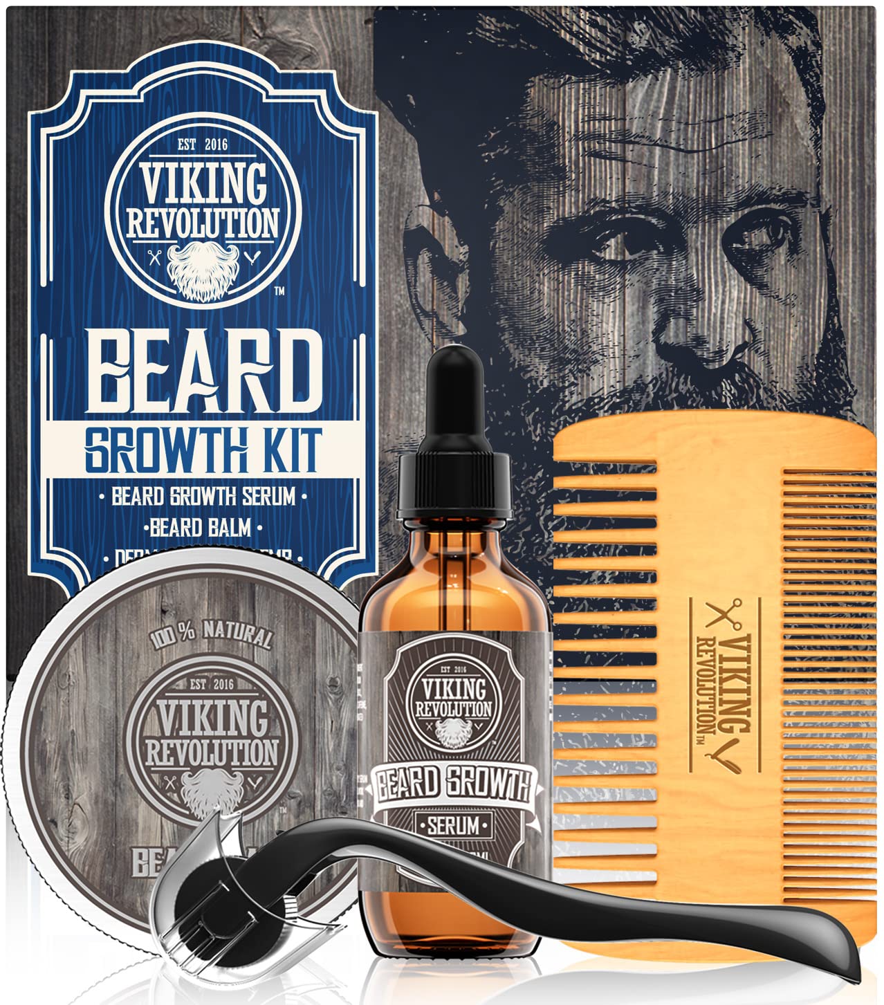 Viking Revolution Beard Care Kit for Men - Kit includes 100% Boar Beard Brush, Wooden Comb, Beard Balm, Beard Oil, Beard & Mustache Scissors in a Metal Box