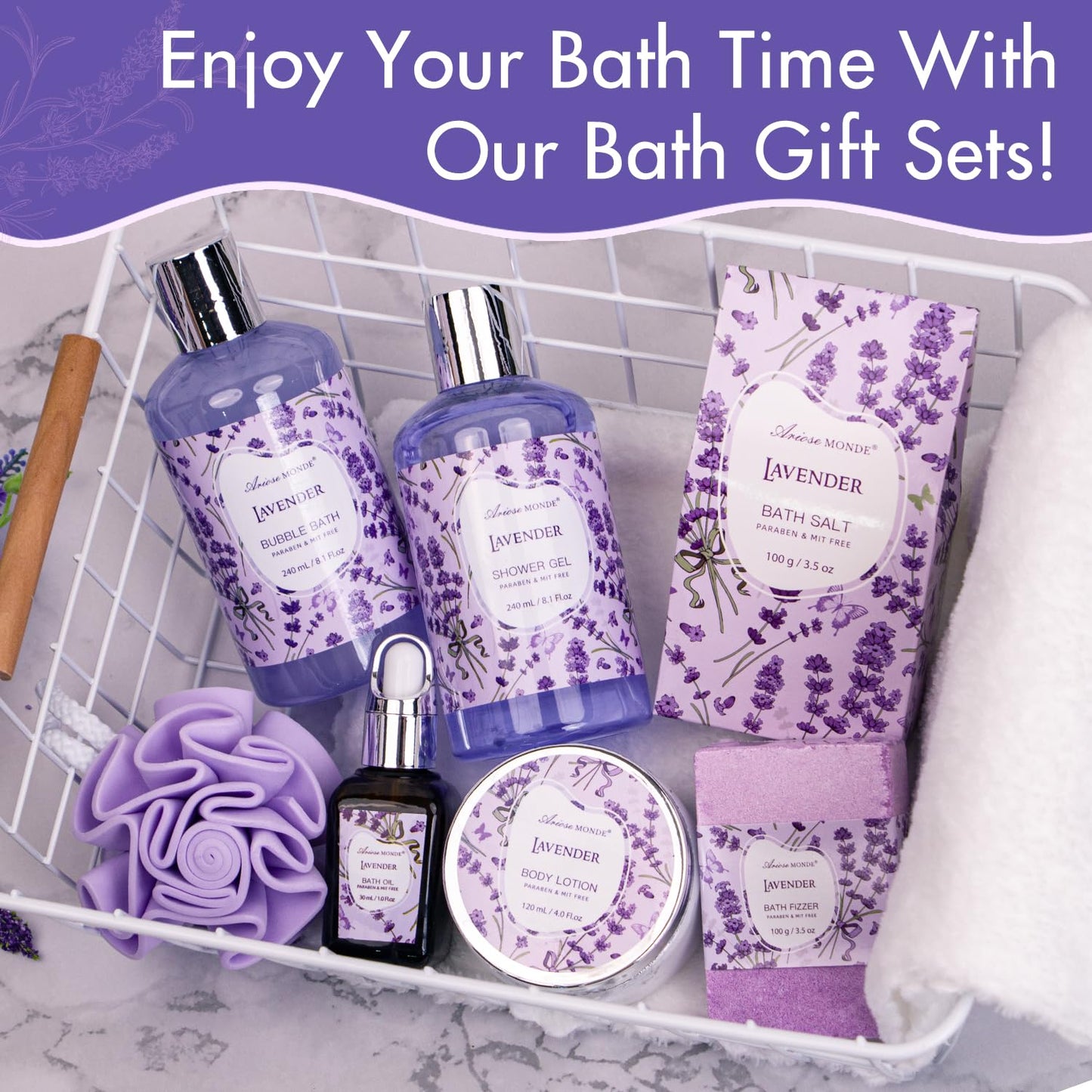 Bath & Shower Spa Gift Basket Set, with English Pear & Freesia Fragrance Bath Gift Basket for Women & Men Includes Body Lotion, Shower Gel, Bath Salts, Bubble Bath, Body Scrub and More, 9 Pcs