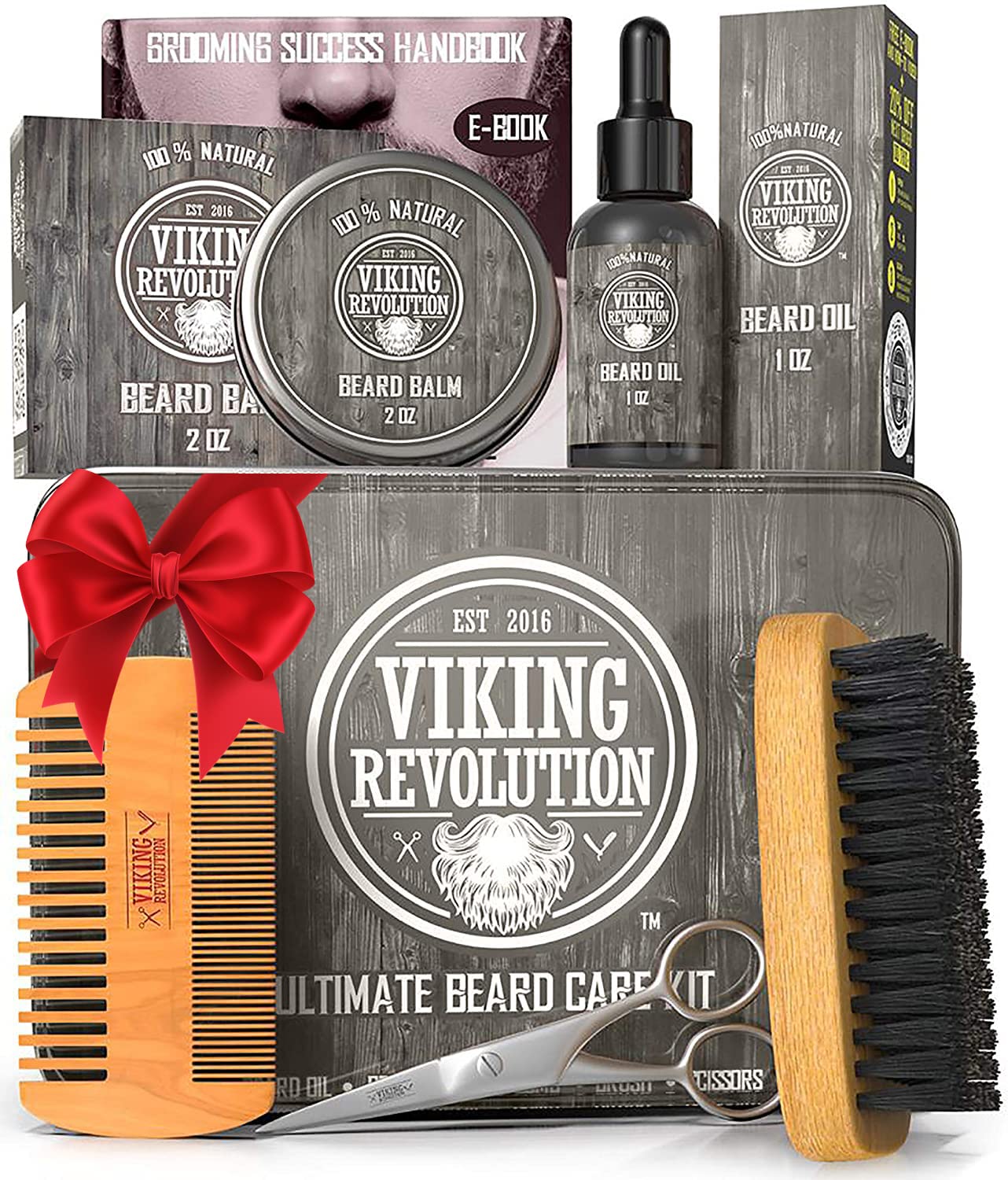 Viking Revolution Beard Care Kit for Men - Kit includes 100% Boar Beard Brush, Wooden Comb, Beard Balm, Beard Oil, Beard & Mustache Scissors in a Metal Box