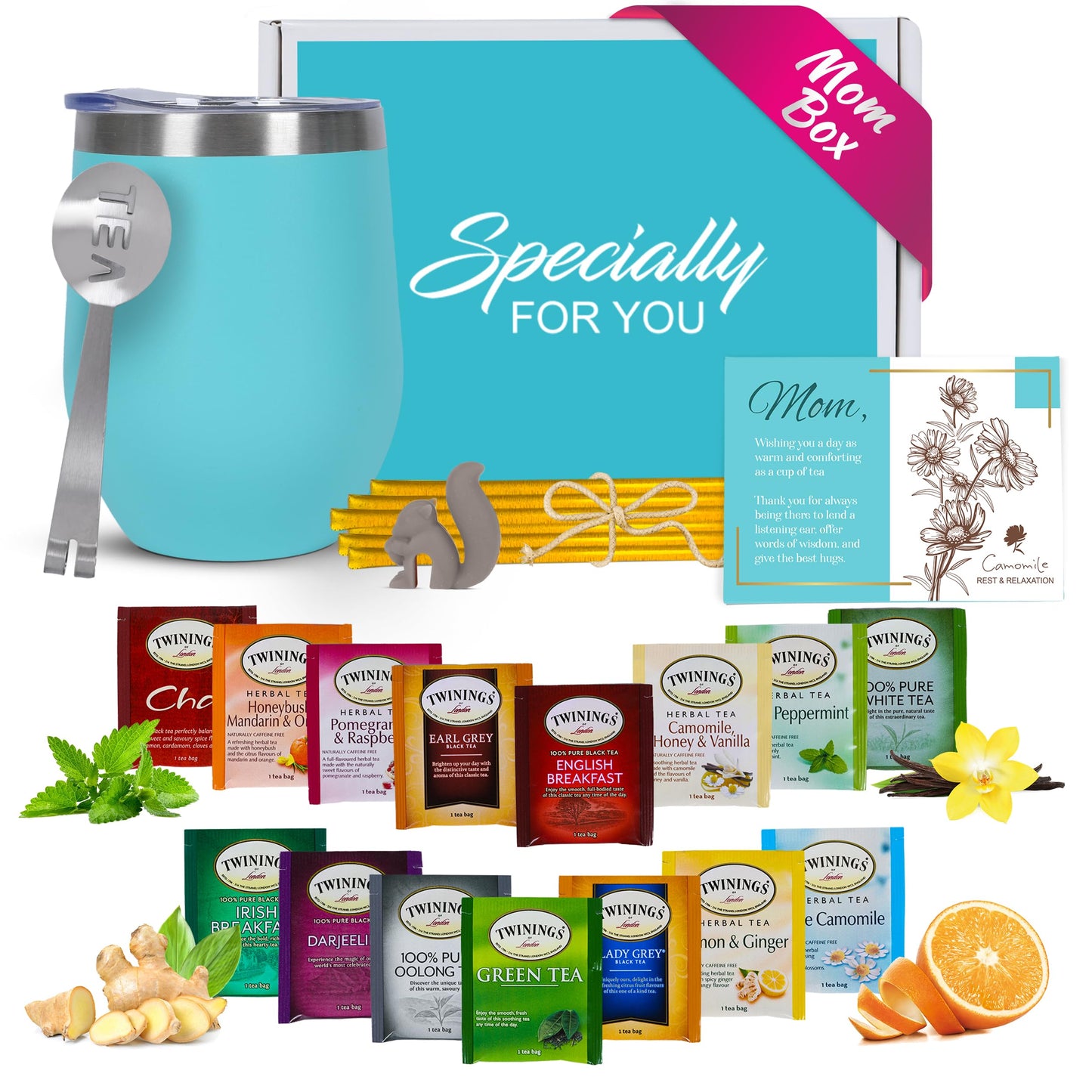 Tea Gift Sets for Tea Lovers Women and Men | Tea Gifts | Tea Gift Set | Tea Sets for Women | Stainless Steel Tumbler | 15 Unique Teas | 10 Honey Straws | Gift Box Tea Set (Teal)