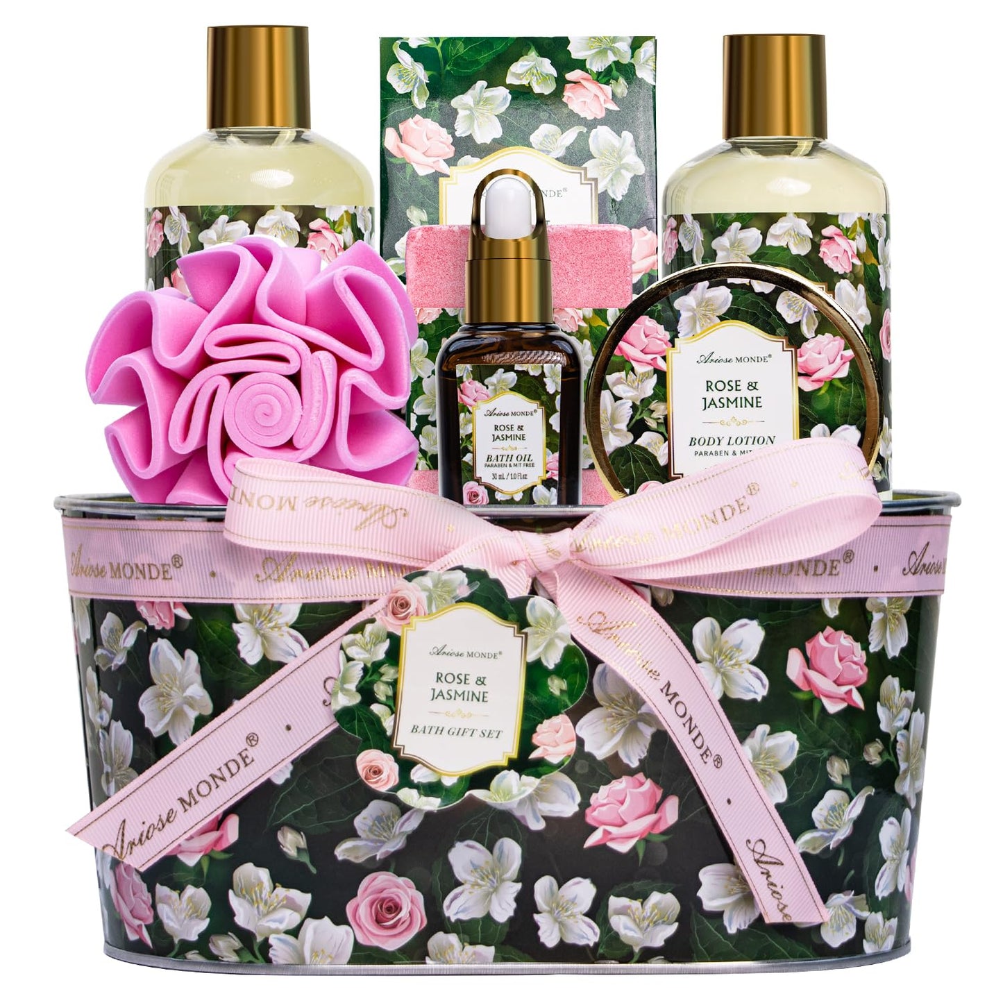 Bath & Shower Spa Gift Basket Set, with English Pear & Freesia Fragrance Bath Gift Basket for Women & Men Includes Body Lotion, Shower Gel, Bath Salts, Bubble Bath, Body Scrub and More, 9 Pcs