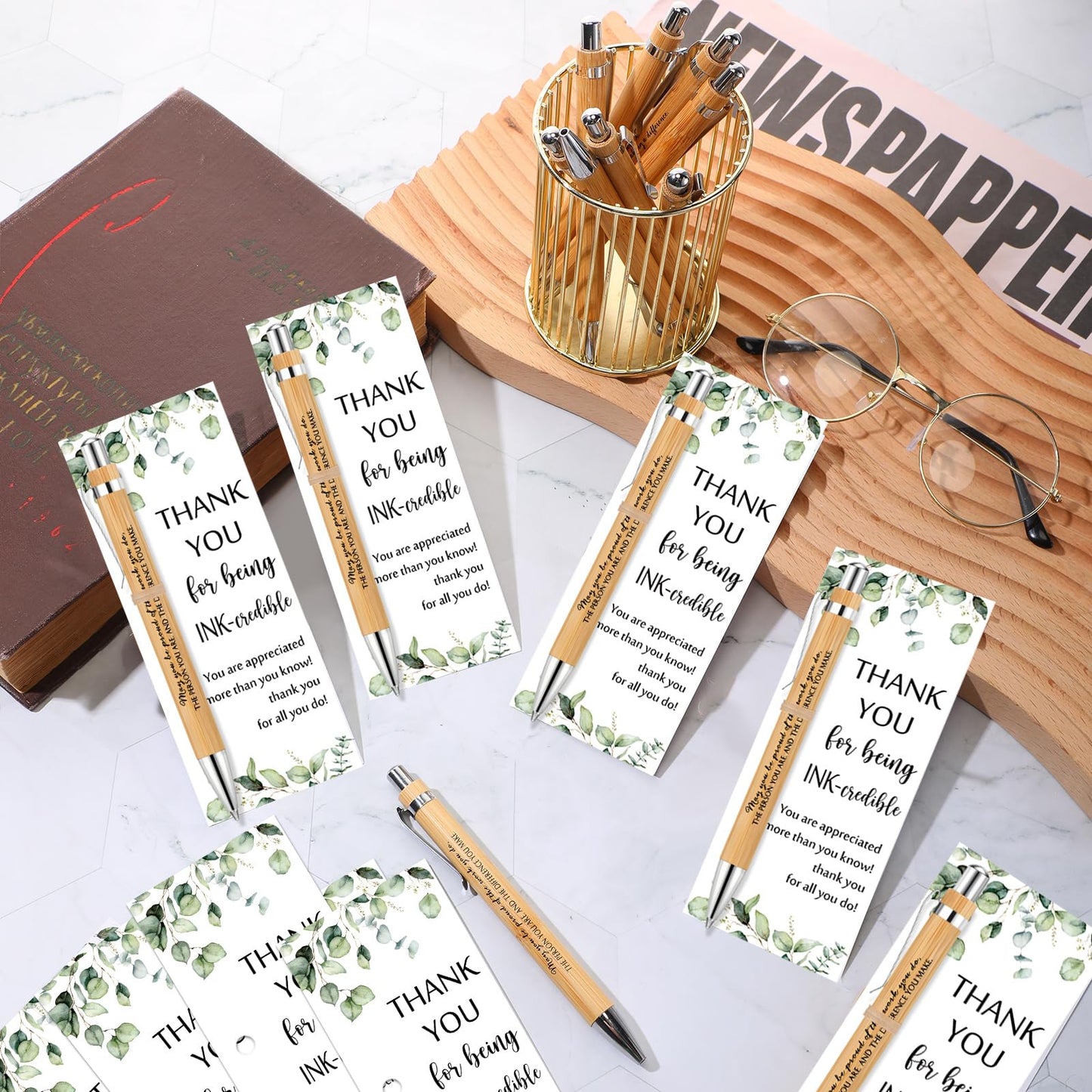 Yeaqee 36 Sets Employee Appreciation Gifts Bulk Thank You Gift Office Bamboo Pen with Inspirational Cards for Team Coworker Teacher Volunteer Nurse (Being Awesome)