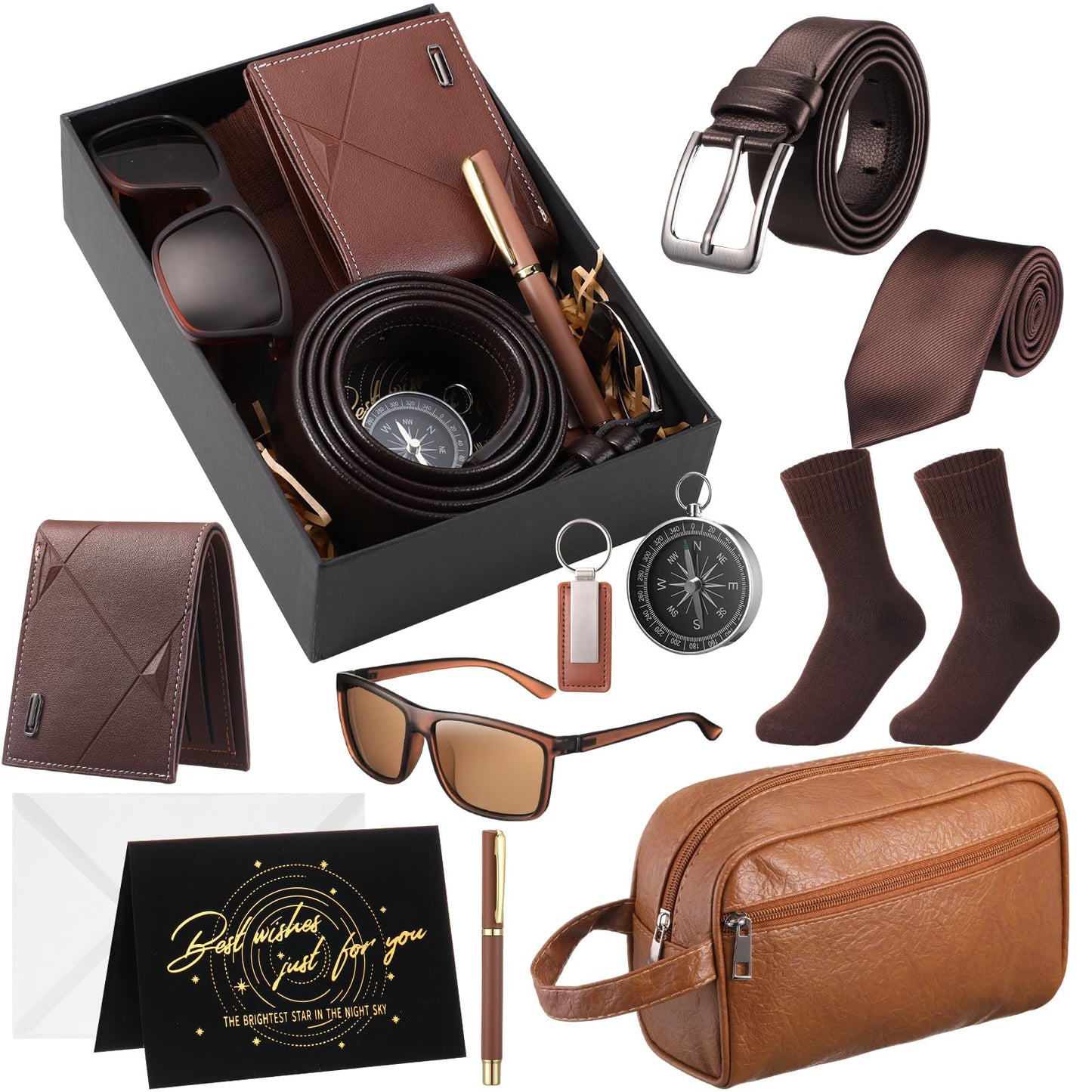 Geyoga 12 Pcs Men Birthdays Gift Set with Box for Men Gift Basket PU Leather Wallet Leather Toiletry Bag Tie Socks Belt Keychain Sunglasses Pen Compass Set for Valentine‘s Day(Brown)