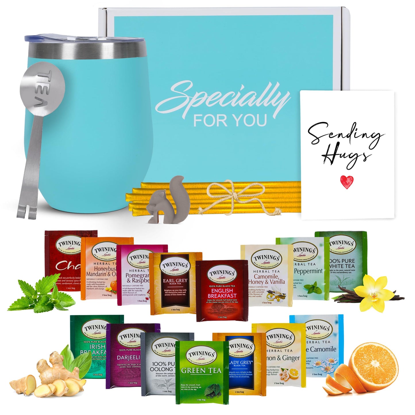 Tea Gift Sets for Tea Lovers Women and Men | Tea Gifts | Tea Gift Set | Tea Sets for Women | Stainless Steel Tumbler | 15 Unique Teas | 10 Honey Straws | Gift Box Tea Set (Teal)