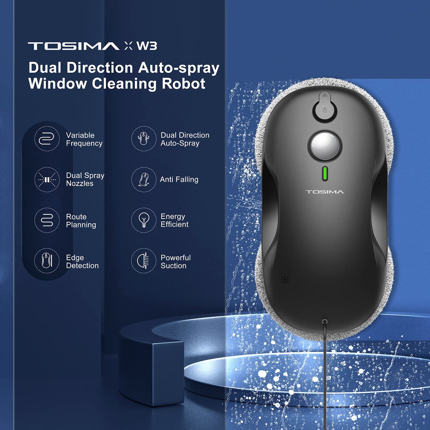 Tosima W2 Window Cleaner Robot, Automatic Cleaning with Intelligent Path Planning, 3800Pa Suction Power, Edge Detection Technology, Remote Control, White