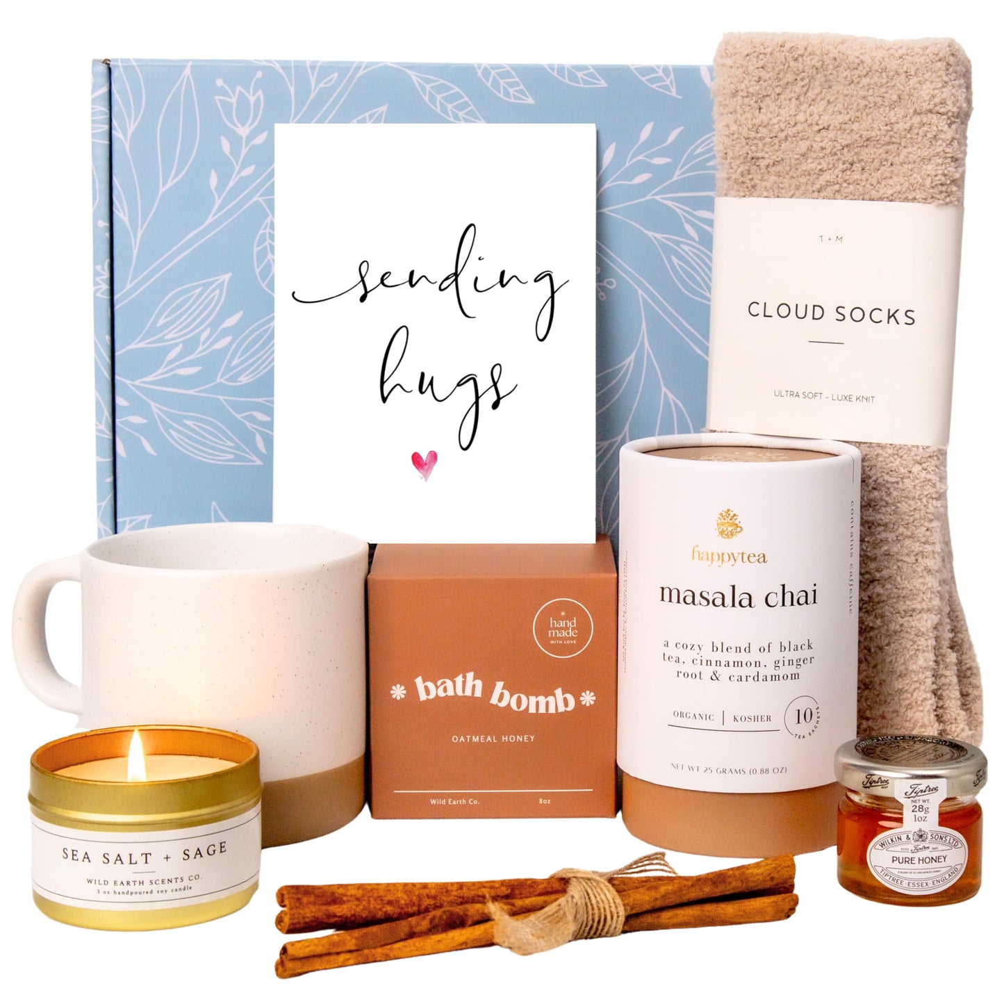 UnboxMe Tea Lover's Gift Basket – Self-Care Gift Box with Cozy Socks, Ceramic Mug, Chai Tea, Honey & Cinnamon | Perfect Get Well Soon or Relaxation Gift for Women