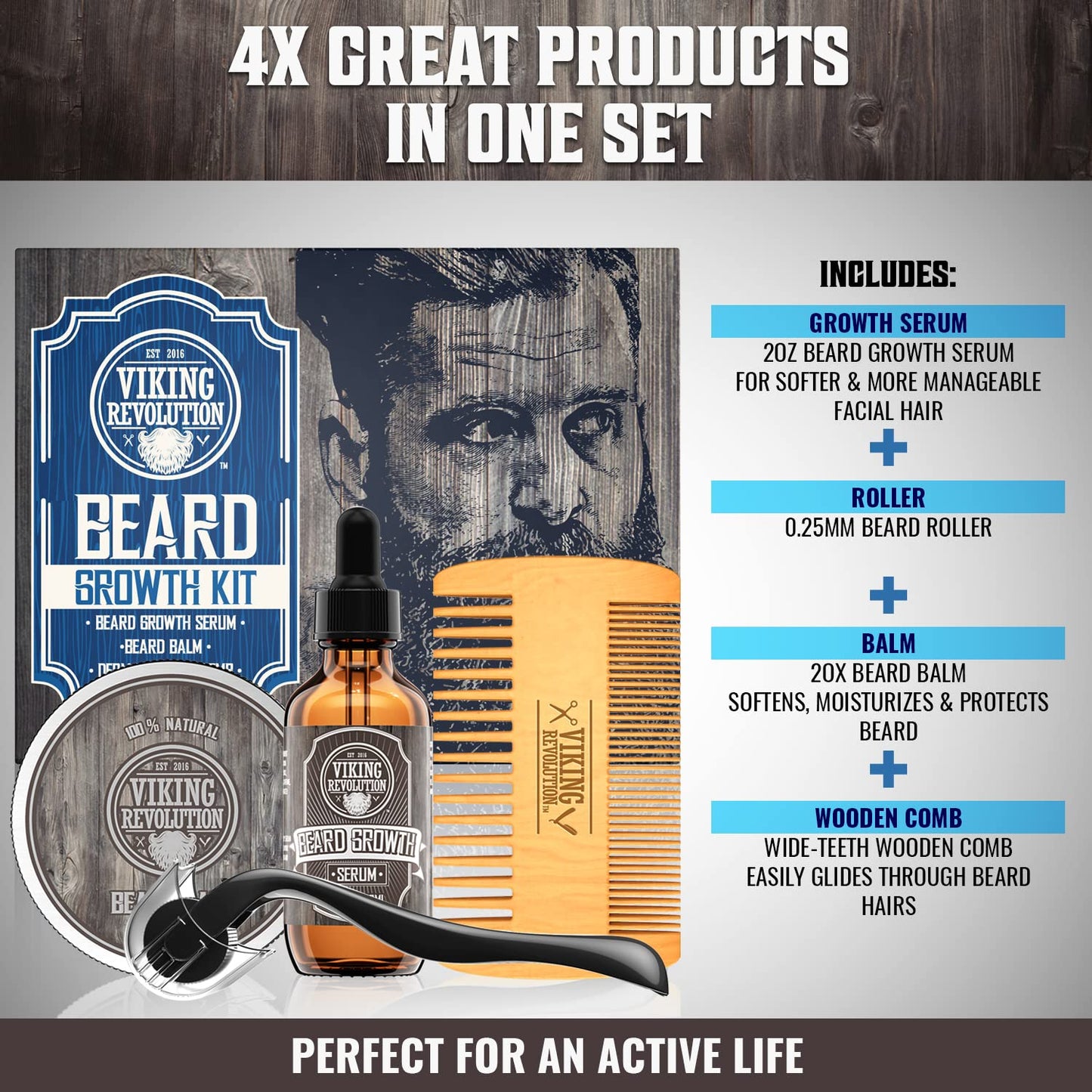 Viking Revolution Beard Care Kit for Men - Kit includes 100% Boar Beard Brush, Wooden Comb, Beard Balm, Beard Oil, Beard & Mustache Scissors in a Metal Box