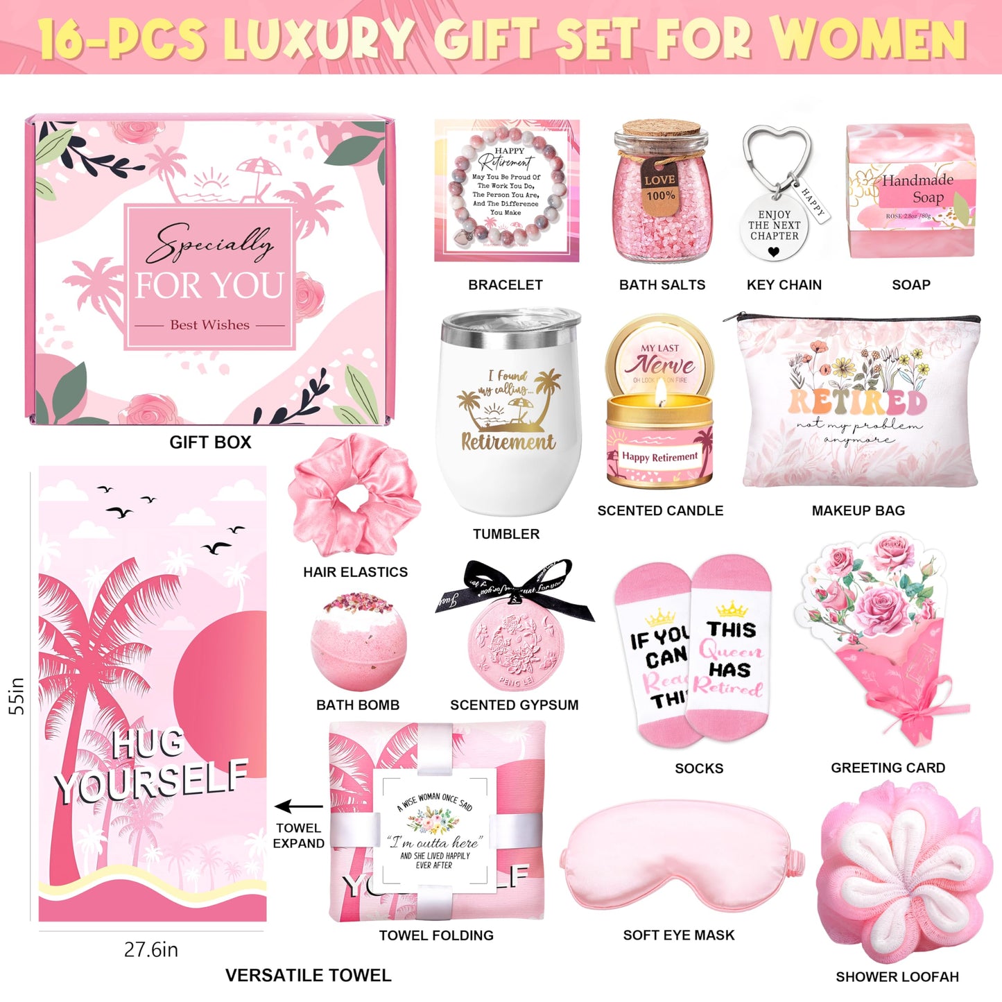 HSOEIXL Retirement Gifts for Woman 2025, Best Retirement Gifts for Coworker Teacher Nurses Boss Friends Mom Grandma, Funny Retired Gifts Basket, 16 Pcs Happy Retired Gifts with Retirees Tumbler