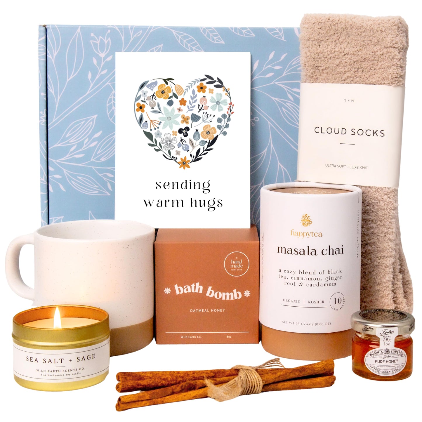 UnboxMe Tea Lover's Gift Basket – Self-Care Gift Box with Cozy Socks, Ceramic Mug, Chai Tea, Honey & Cinnamon | Perfect Get Well Soon or Relaxation Gift for Women