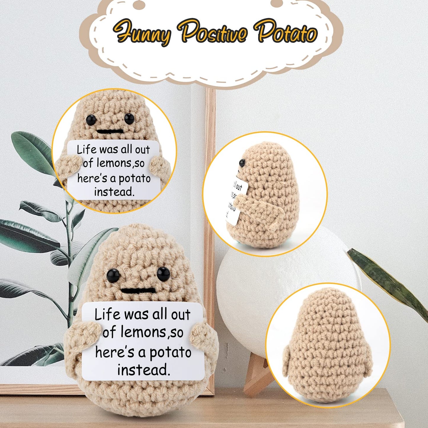 Mini Funny Knitted Wool Potato Toy with Positive Card - Creative Cute Crochet Doll Cheer Up Gift for Friends, Parties, Christmas Decoration and Encouragement