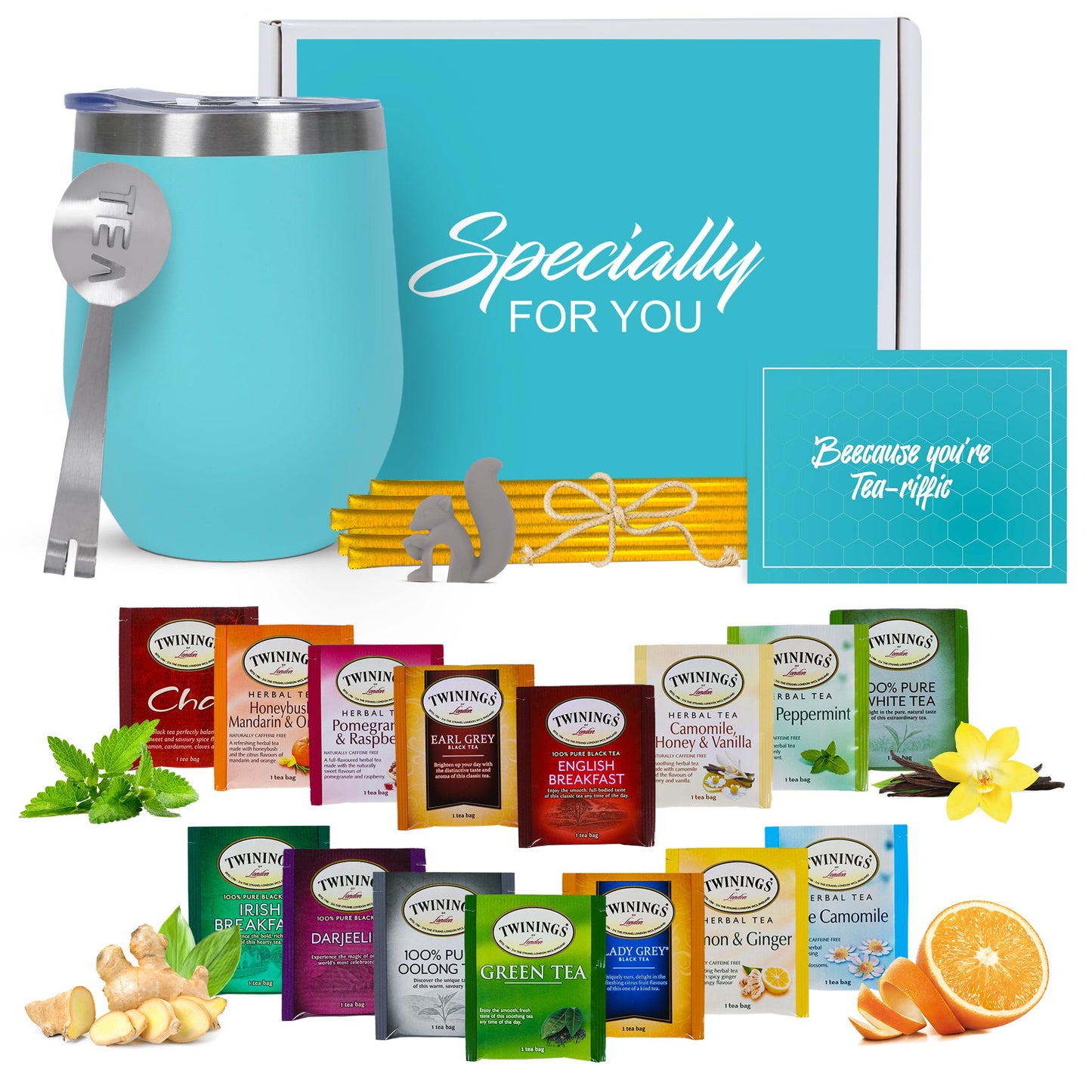 Tea Gift Sets for Tea Lovers Women and Men | Tea Gifts | Tea Gift Set | Tea Sets for Women | Stainless Steel Tumbler | 15 Unique Teas | 10 Honey Straws | Gift Box Tea Set (Teal)