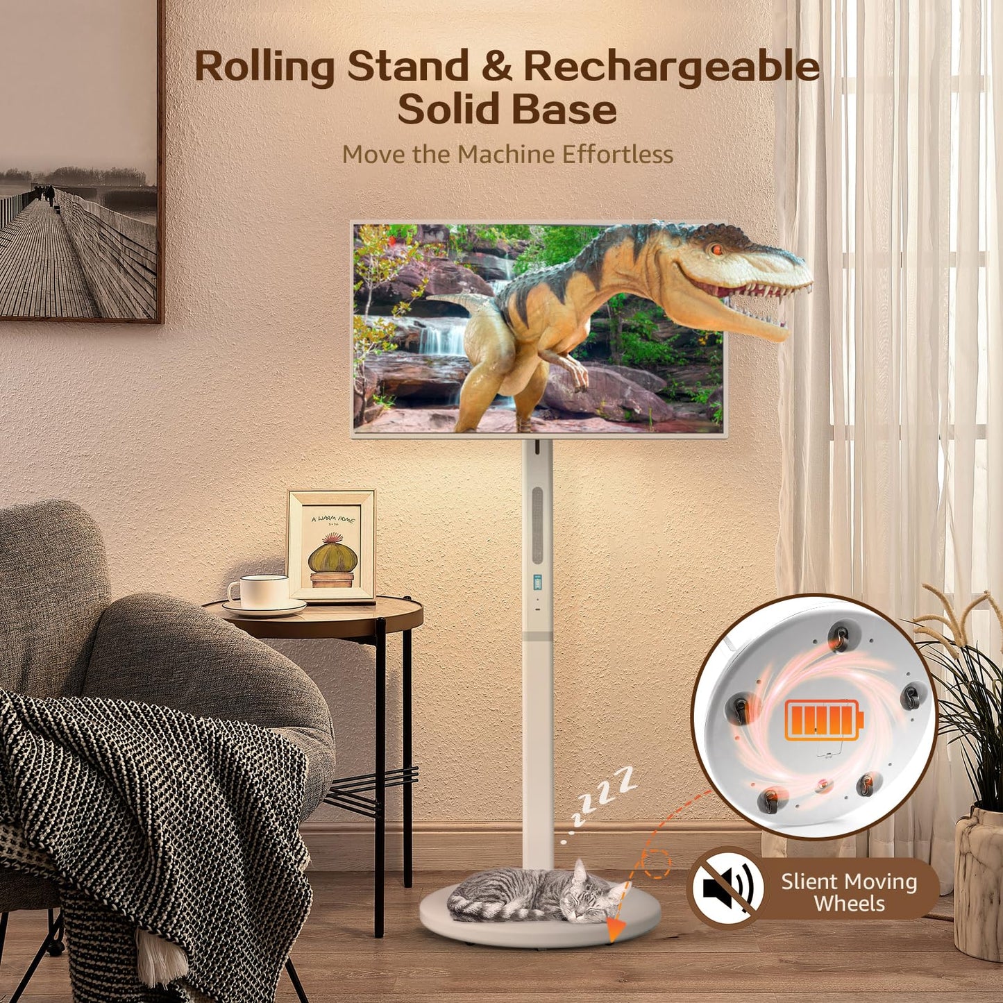 Coolegend 32" Portable TV 8G RAM+128G Storage 1080P Touch Screen Monitor on Wheels, Android OS 13 Built-in Battery, Camera and Stand, Full Rotation Rolling Tablet Voice Control for Home, Outdoors