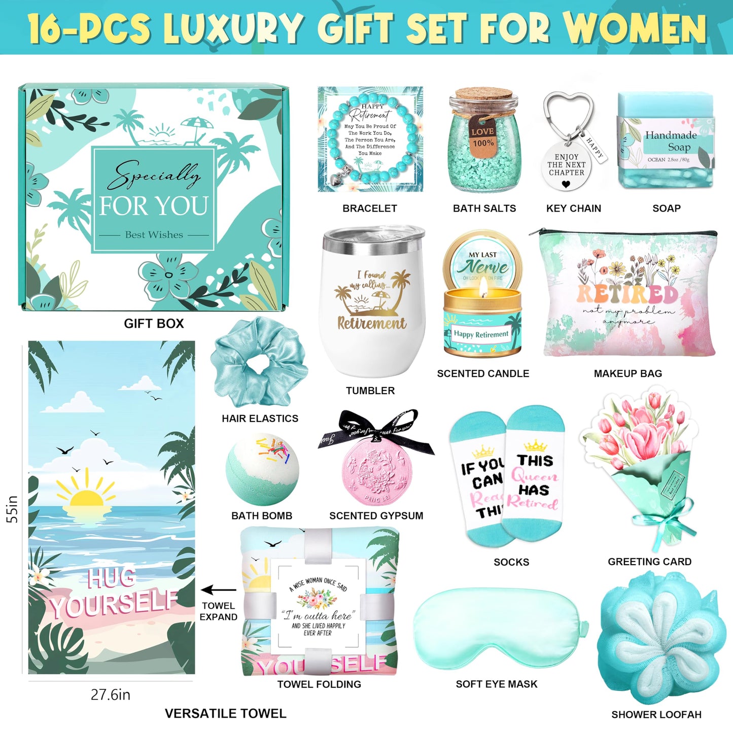 HSOEIXL Retirement Gifts for Woman 2025, Best Retirement Gifts for Coworker Teacher Nurses Boss Friends Mom Grandma, Funny Retired Gifts Basket, 16 Pcs Happy Retired Gifts with Retirees Tumbler