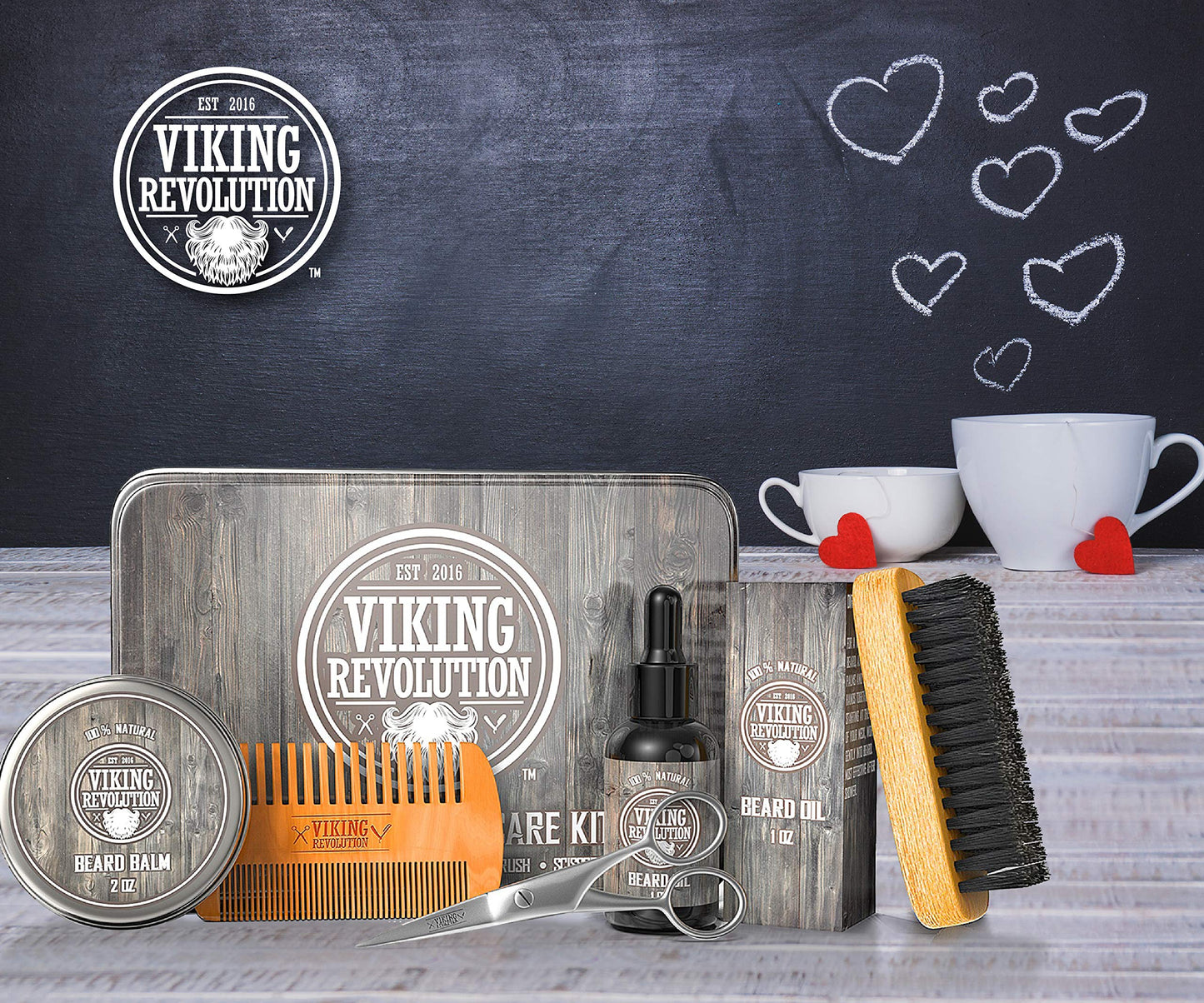 Viking Revolution Beard Care Kit for Men - Kit includes 100% Boar Beard Brush, Wooden Comb, Beard Balm, Beard Oil, Beard & Mustache Scissors in a Metal Box